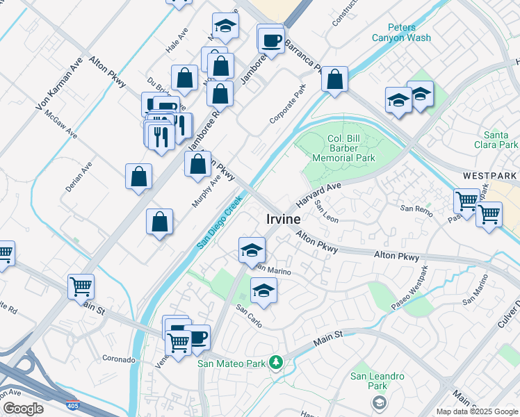 map of restaurants, bars, coffee shops, grocery stores, and more near in Irvine