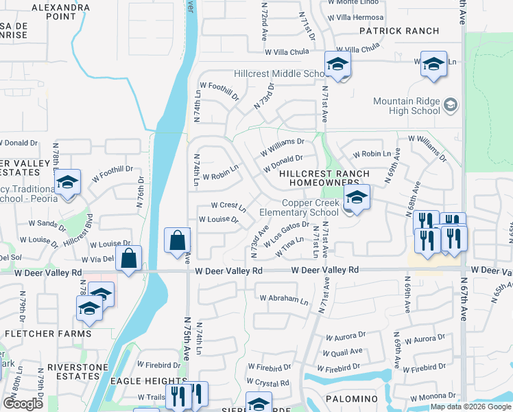 map of restaurants, bars, coffee shops, grocery stores, and more near 7363 West Hill Lane in Glendale