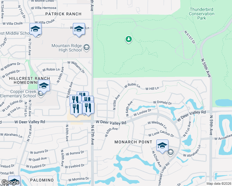 map of restaurants, bars, coffee shops, grocery stores, and more near 6535 West Via Montoya Drive in Glendale