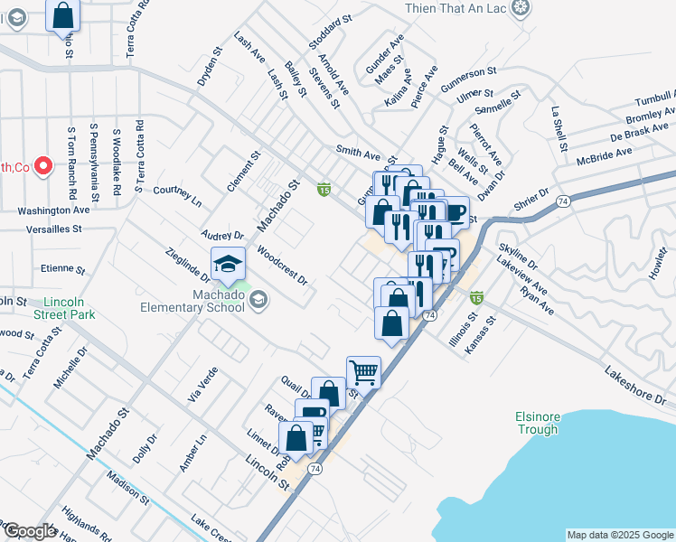 map of restaurants, bars, coffee shops, grocery stores, and more near 16501 Sedona Street in Lake Elsinore