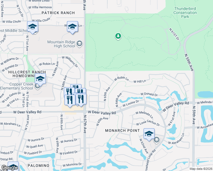 map of restaurants, bars, coffee shops, grocery stores, and more near 6535 West Via Montoya Drive in Glendale