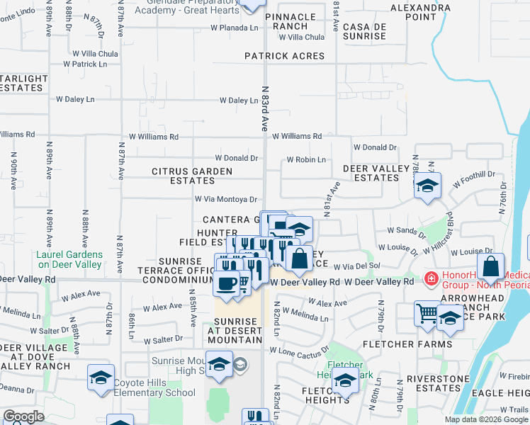 map of restaurants, bars, coffee shops, grocery stores, and more near E Thunderbird Rd in Maricopa