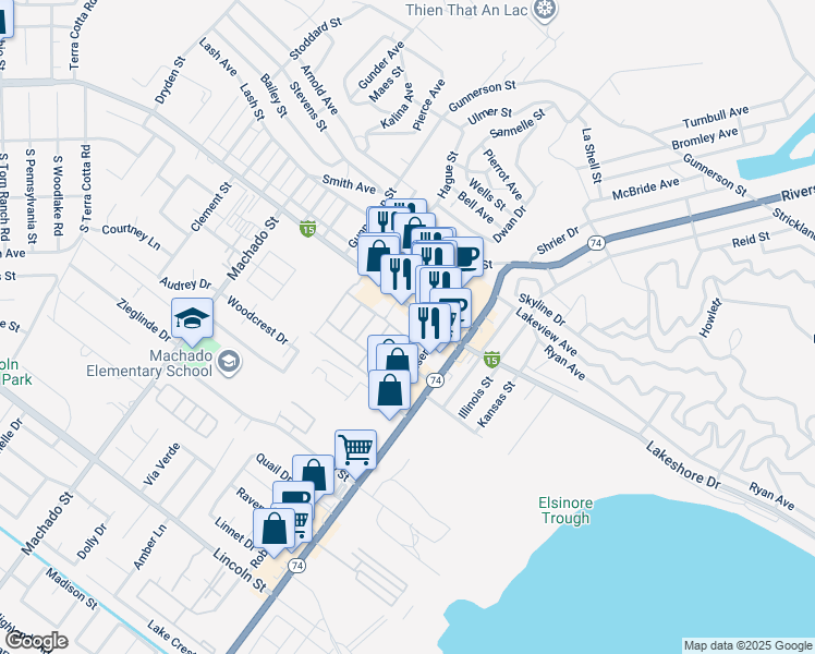 map of restaurants, bars, coffee shops, grocery stores, and more near 16665 Lakeshore Drive in Lake Elsinore