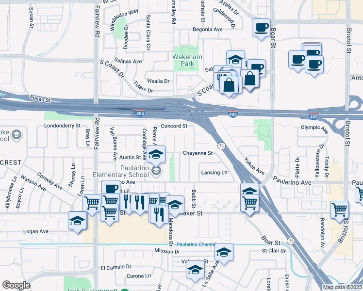 map of restaurants, bars, coffee shops, grocery stores, and more near 3117 Lincoln Way in Costa Mesa