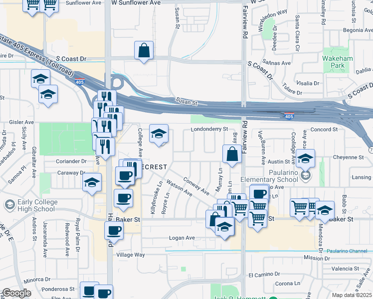 map of restaurants, bars, coffee shops, grocery stores, and more near 3134 Limerick Lane in Costa Mesa