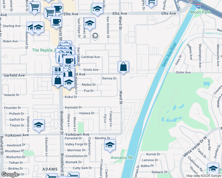 map of restaurants, bars, coffee shops, grocery stores, and more near 10422 Maikai Drive in Huntington Beach