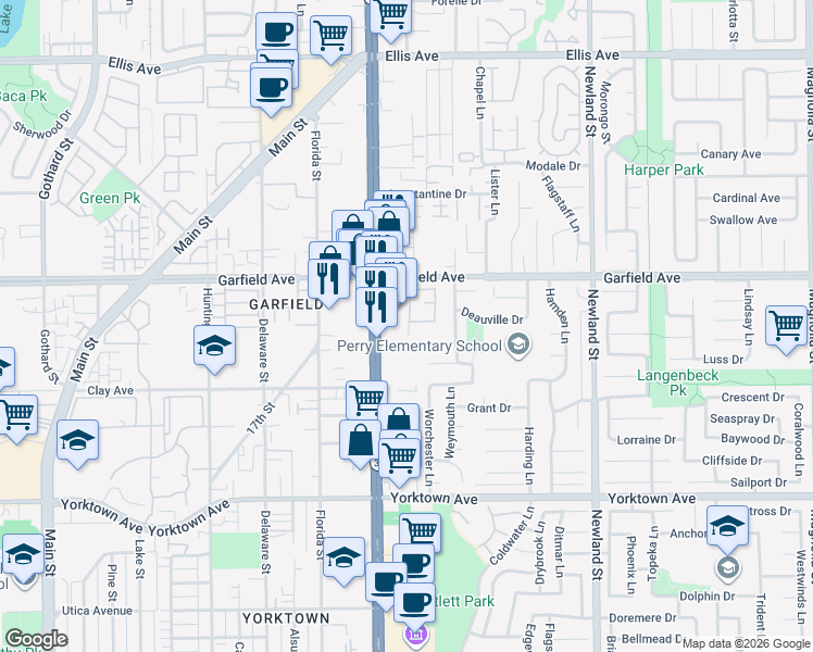 map of restaurants, bars, coffee shops, grocery stores, and more near 8125 Surfline Drive in Huntington Beach