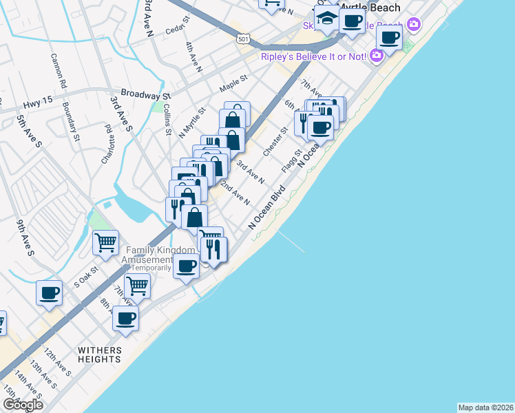 map of restaurants, bars, coffee shops, grocery stores, and more near 207N North Ocean Boulevard in Myrtle Beach