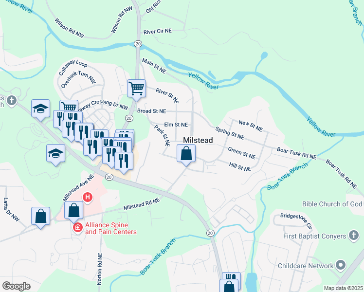 map of restaurants, bars, coffee shops, grocery stores, and more near 1617 Church Street Northeast in Conyers