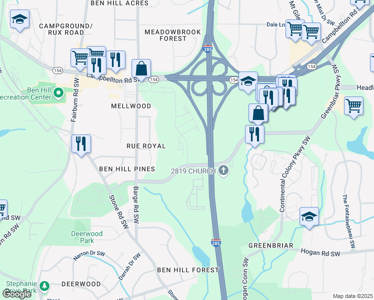 map of restaurants, bars, coffee shops, grocery stores, and more near 3417 Greenbriar Parkway Southwest in Atlanta