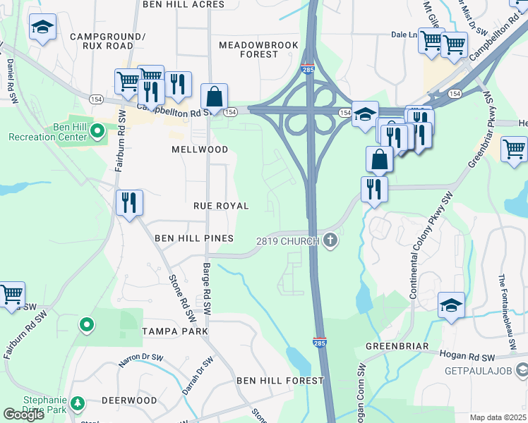 map of restaurants, bars, coffee shops, grocery stores, and more near 3417 Greenbriar Parkway Southwest in Atlanta