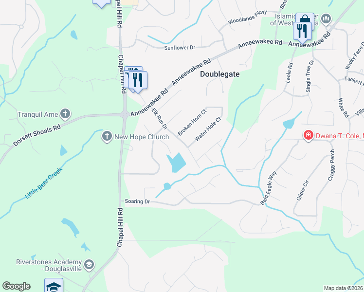 map of restaurants, bars, coffee shops, grocery stores, and more near 4339 Elk Run Drive in Douglasville