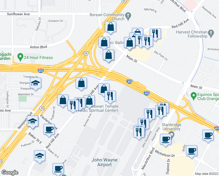 map of restaurants, bars, coffee shops, grocery stores, and more near 3199 Airport Loop Drive in Costa Mesa