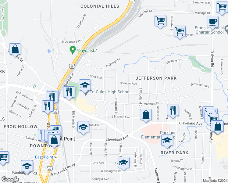 map of restaurants, bars, coffee shops, grocery stores, and more near 1331 Jefferson Ave in East Point