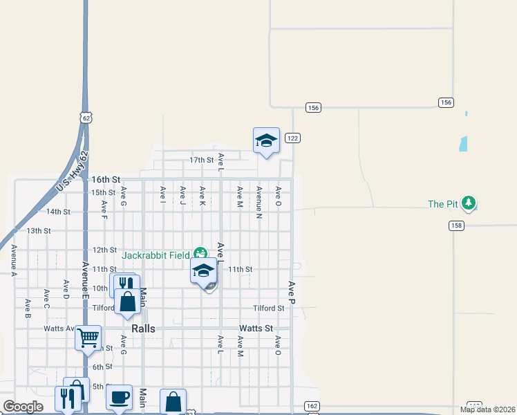 map of restaurants, bars, coffee shops, grocery stores, and more near 15th St in Ralls