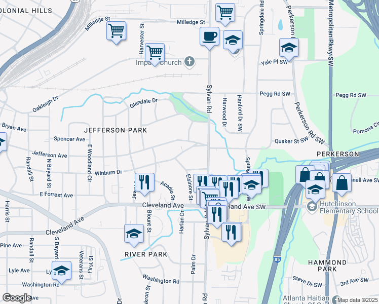 map of restaurants, bars, coffee shops, grocery stores, and more near 958 Winburn Drive in East Point
