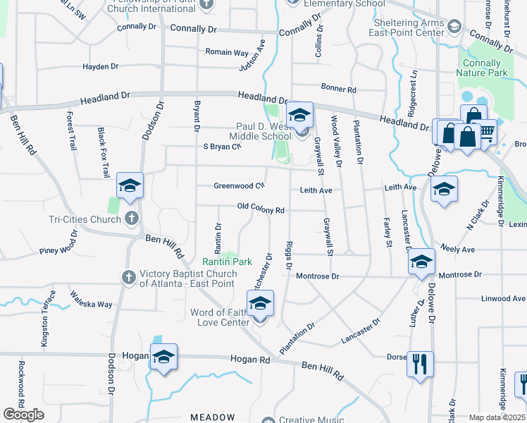 map of restaurants, bars, coffee shops, grocery stores, and more near 2585 Westchester Drive in East Point