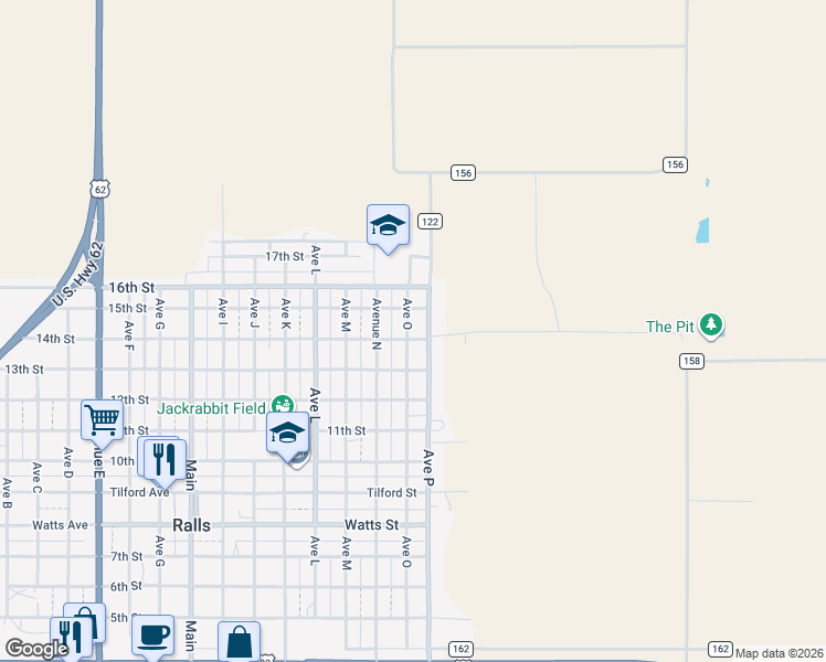 map of restaurants, bars, coffee shops, grocery stores, and more near 1401-1499 Ave O in Ralls