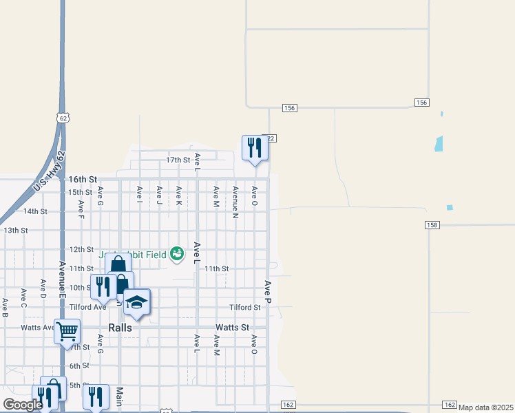 map of restaurants, bars, coffee shops, grocery stores, and more near 1402 Ave O in Ralls