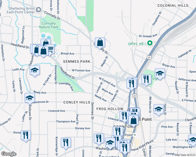 map of restaurants, bars, coffee shops, grocery stores, and more near 2556 Semmes Street in East Point