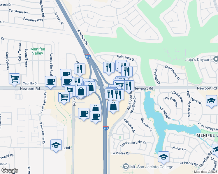 map of restaurants, bars, coffee shops, grocery stores, and more near 28000 Newport Road in Menifee
