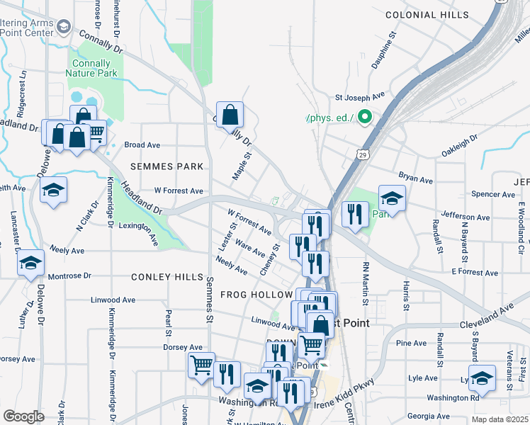 map of restaurants, bars, coffee shops, grocery stores, and more near 2620 Oak Street in East Point