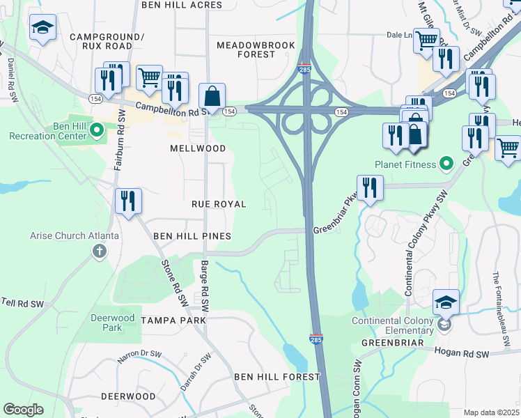 map of restaurants, bars, coffee shops, grocery stores, and more near 3417 Greenbriar Parkway Southwest in Atlanta
