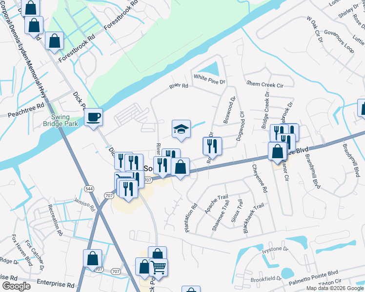 map of restaurants, bars, coffee shops, grocery stores, and more near 4900 Socastee Boulevard in Myrtle Beach