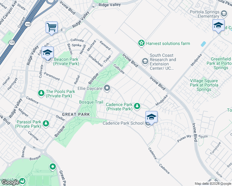 map of restaurants, bars, coffee shops, grocery stores, and more near 140 Crossover in Irvine