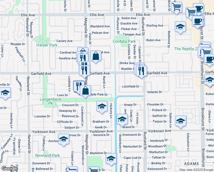 map of restaurants, bars, coffee shops, grocery stores, and more near 9171 Heatherton Circle in Huntington Beach