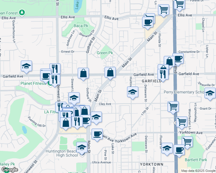 map of restaurants, bars, coffee shops, grocery stores, and more near 7422 Seastar Drive in Huntington Beach
