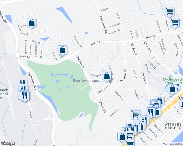 map of restaurants, bars, coffee shops, grocery stores, and more near 982 Pembroke Court in Myrtle Beach