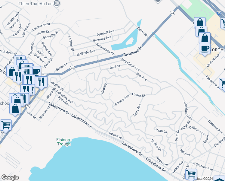 map of restaurants, bars, coffee shops, grocery stores, and more near Head Circle in Lake Elsinore