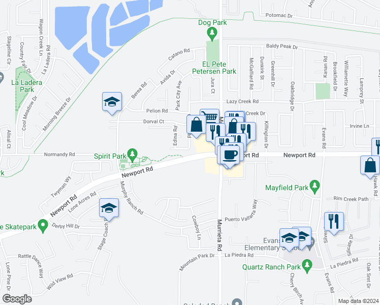 map of restaurants, bars, coffee shops, grocery stores, and more near 25849 Harzburg Road in Menifee