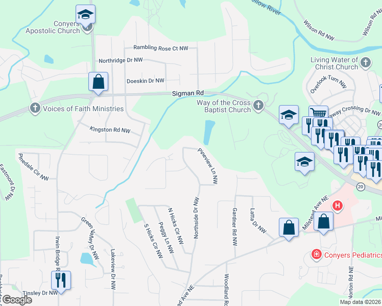 map of restaurants, bars, coffee shops, grocery stores, and more near 814 Shipp Cir NW in Conyers