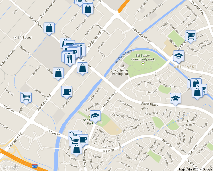map of restaurants, bars, coffee shops, grocery stores, and more near 43 Alicante Aisle in Irvine