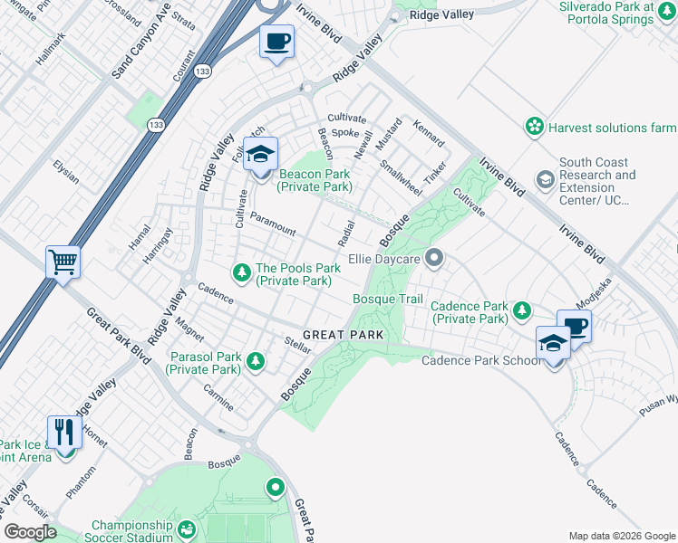 map of restaurants, bars, coffee shops, grocery stores, and more near 111 Cruiser in Irvine