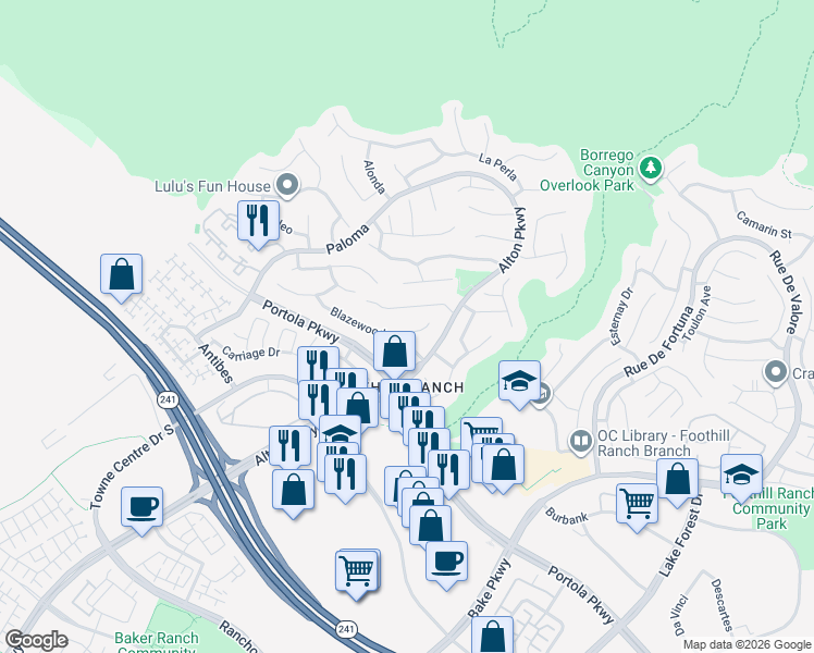 map of restaurants, bars, coffee shops, grocery stores, and more near 67 Blazewood in Lake Forest