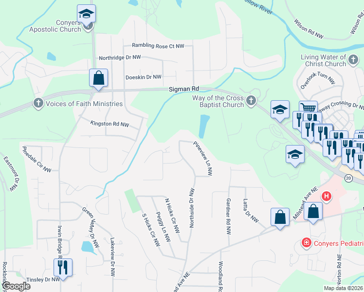 map of restaurants, bars, coffee shops, grocery stores, and more near 814 Shipp Circle Northwest in Conyers