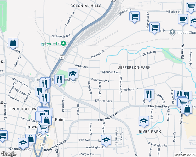 map of restaurants, bars, coffee shops, grocery stores, and more near 1331 Jefferson Avenue in Atlanta