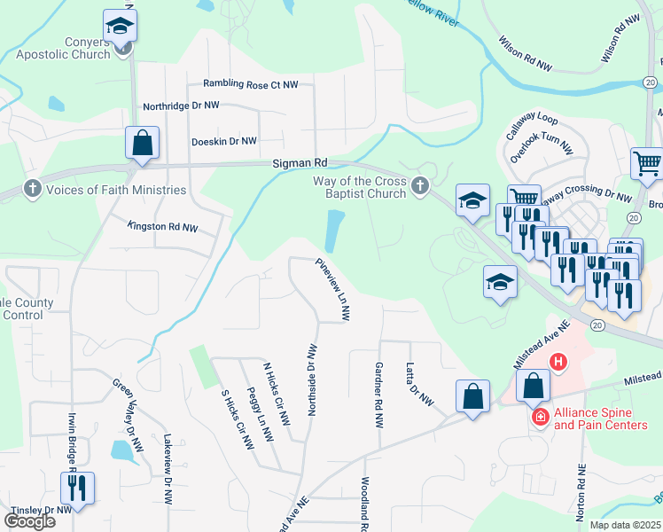 map of restaurants, bars, coffee shops, grocery stores, and more near 1547 Pineview Lane Northwest in Conyers