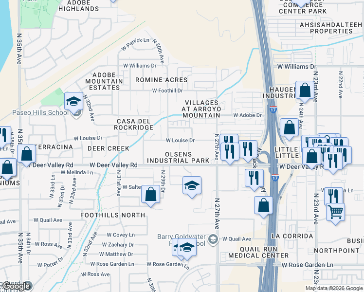 map of restaurants, bars, coffee shops, grocery stores, and more near 2819 West Louise Drive in Phoenix