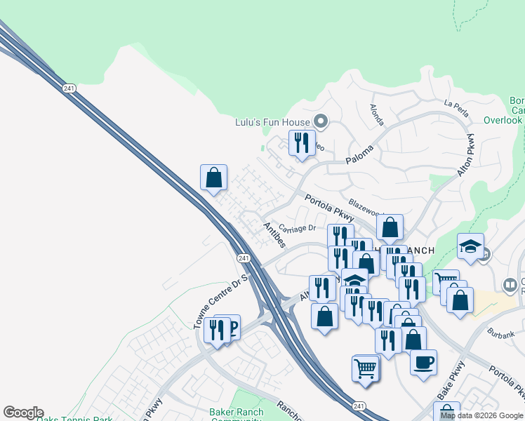 map of restaurants, bars, coffee shops, grocery stores, and more near 105 Antibedes in Lake Forest
