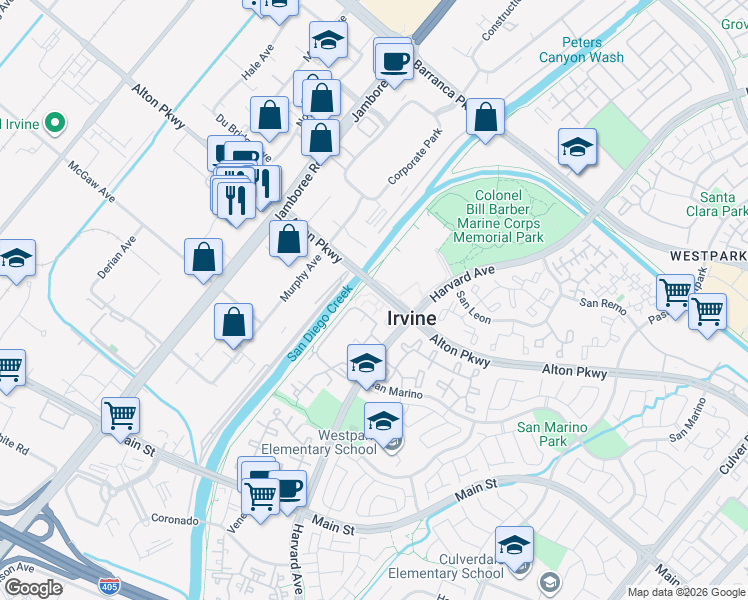 map of restaurants, bars, coffee shops, grocery stores, and more near 43 Alicante Aisle in Irvine