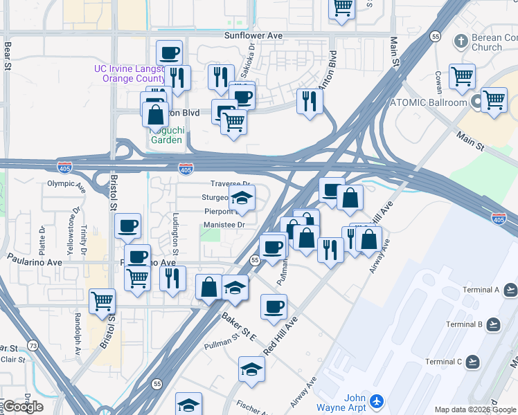 map of restaurants, bars, coffee shops, grocery stores, and more near 482 Traverse Drive in Costa Mesa