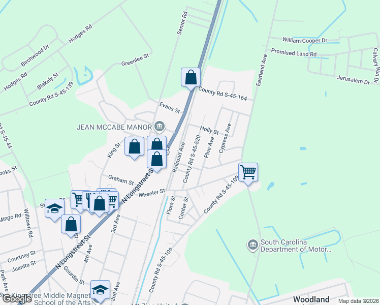map of restaurants, bars, coffee shops, grocery stores, and more near 88 County Road S-45-520 in Kingstree