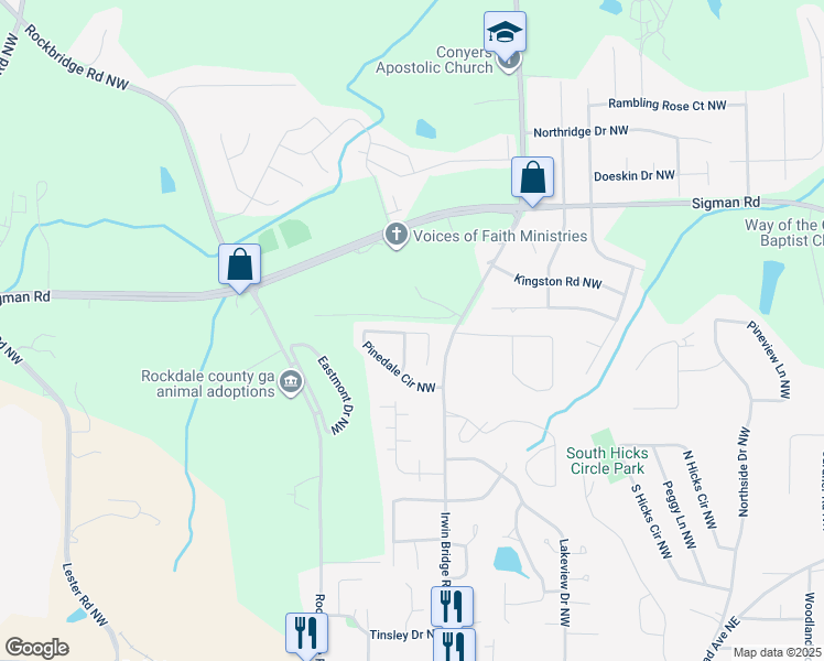map of restaurants, bars, coffee shops, grocery stores, and more near 1258 Pinedale Circle Northwest in Conyers