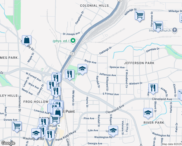 map of restaurants, bars, coffee shops, grocery stores, and more near 1414 Jefferson Avenue in Atlanta