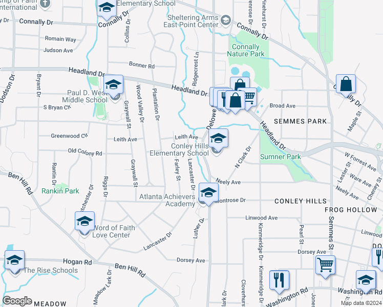 map of restaurants, bars, coffee shops, grocery stores, and more near 2564 Lancaster Drive in East Point