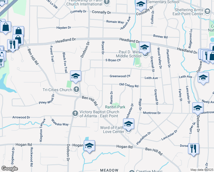 map of restaurants, bars, coffee shops, grocery stores, and more near 2523 Old Colony Road in East Point